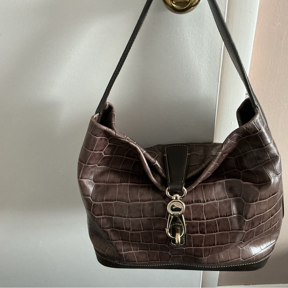 Dooney & Bourke Dark Brown Croc-Embossed Leather Shoulder Bag with Gold Hardware